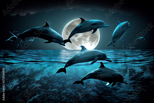 A flock of dolphins swims in the sea under the moonlight. AI generated ©  iiulia