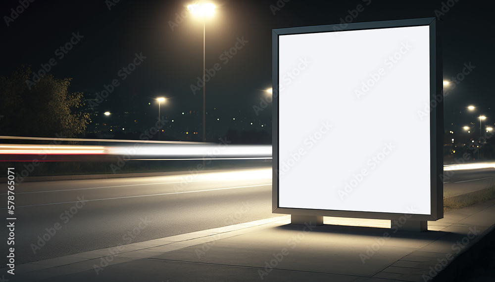 Advertising billboard white screen beside the expressway with car motion blur. Generative AI.