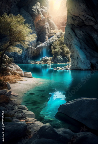Blue lake between majestic rocks. AI generated