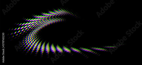 Punched halftone dotted  radial frame frame with vortex branches on the top left with CMYK color shift or glitch on black background. Confetti effect. The lining changes the color scheme. Vector.