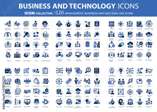 Business, data analysis, organization management and technology icon set. Teamwork, strategy, planning, marketing, cloud technology, data analysis, employee icon set. Icons vector collection