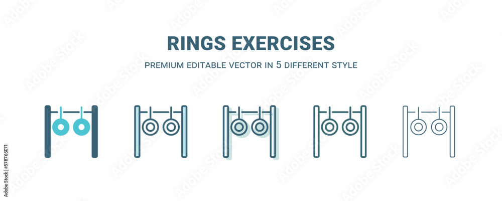 rings exercises icon in 5 different style. Outline, filled, two color, thin rings exercises icon isolated on white background. Editable vector can be used web and mobile