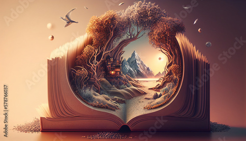 A Mystical Tome of Wondrous Stories: A Stunning Natural Landscape with Mountains, Rocks, and Rivers. Generative Ai