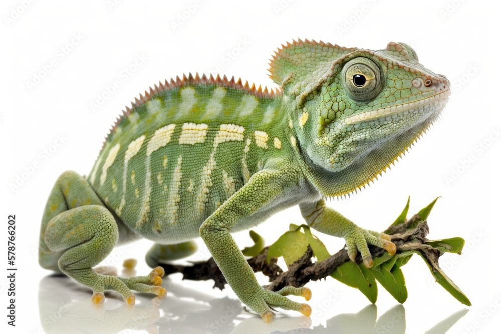 Fototapeta premium Lizard, Veil Chameleon, Juvenile, Green, Isolated, Closeup, White Background. Generative AI