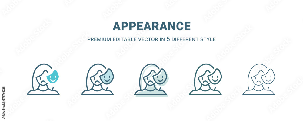 appearance icon in 5 different style. Outline, filled, two color, thin appearance icon isolated on white background. Editable vector can be used web and mobile