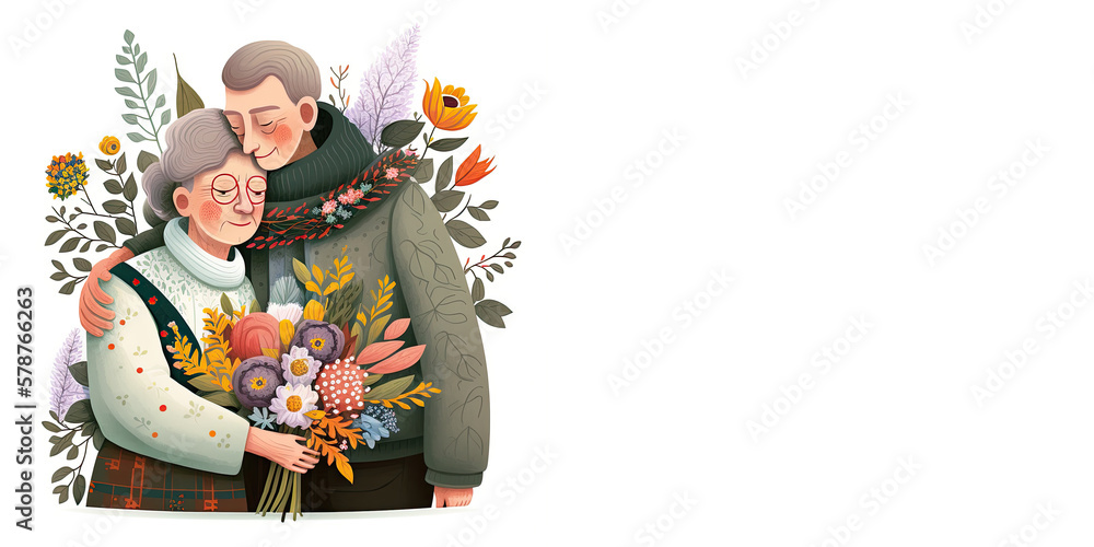 Obraz premium Mother's Day, Mum with adult son with copy space, Generative AI