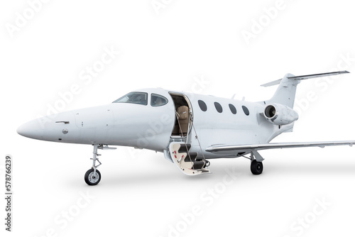 Close-up of the modern business jet with an opened gangway door isolated on white background