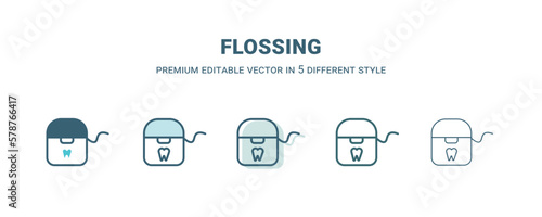 flossing icon in 5 different style. Outline, filled, two color, thin flossing icon isolated on white background. Editable vector can be used web and mobile