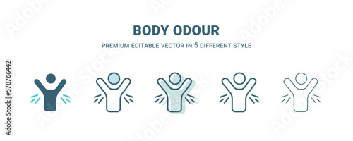 body odour icon in 5 different style. Outline, filled, two color, thin body odour icon isolated on white background. Editable vector can be used web and mobile