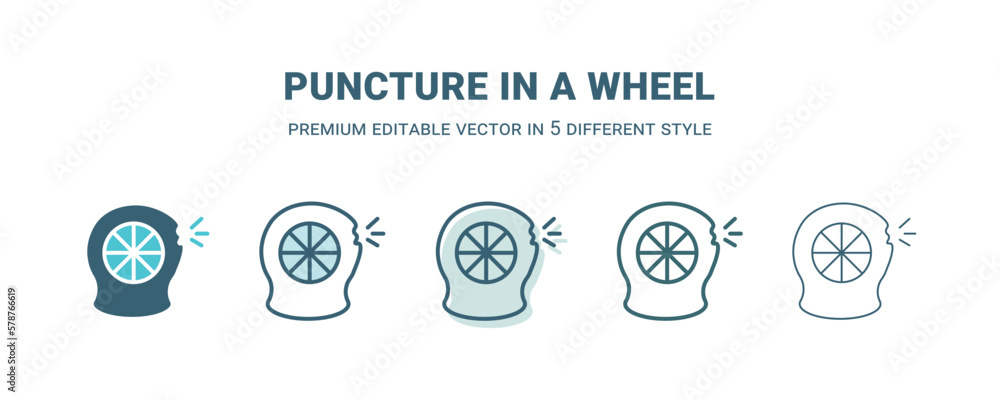 puncture in a wheel icon in 5 different style. Outline, filled, two color, thin puncture in a wheel icon isolated on white background. Editable vector can be used web and mobile puncture in a wheel icon in 5 different style. Outline, filled, two color, thin puncture in a wheel icon isolated on white background. Editable vector can be used web and mobile