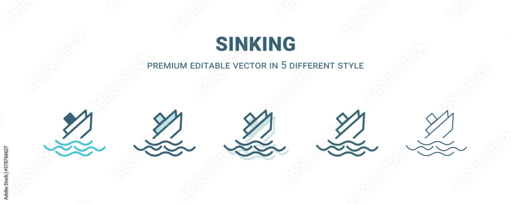 sinking icon in 5 different style. Outline, filled, two color, thin sinking icon isolated on white background. Editable vector can be used web and mobile
