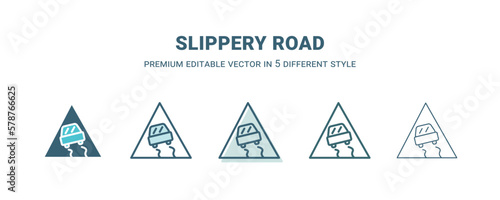 slippery road icon in 5 different style. Outline, filled, two color, thin slippery road icon isolated on white background. Editable vector can be used web and mobile