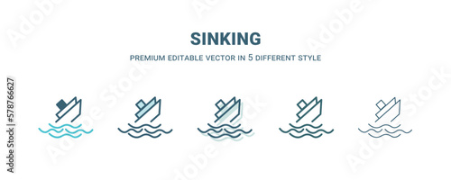 sinking icon in 5 different style. Outline, filled, two color, thin sinking icon isolated on white background. Editable vector can be used web and mobile
