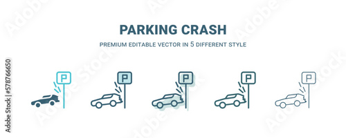 parking crash icon in 5 different style. Outline, filled, two color, thin parking crash icon isolated on white background. Editable vector can be used web and mobile