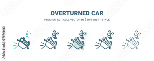 overturned car icon in 5 different style. Outline, filled, two color, thin overturned car icon isolated on white background. Editable vector can be used web and mobile