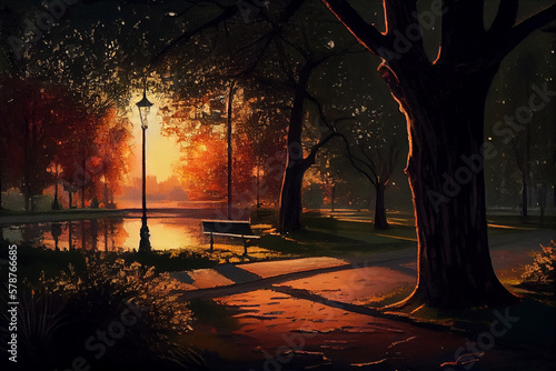Beautiful old city park in the rays of sunset light and burning lights. AI generated