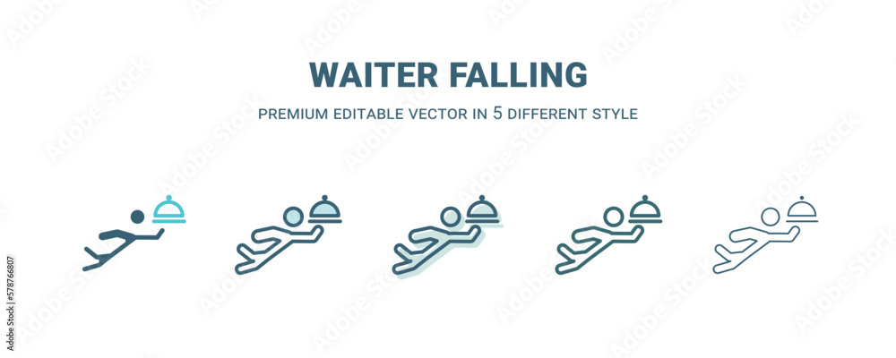 waiter falling icon in 5 different style. Outline, filled, two color, thin waiter falling icon isolated on white background. Editable vector can be used web and mobile