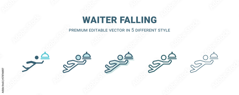 Obraz premium waiter falling icon in 5 different style. Outline, filled, two color, thin waiter falling icon isolated on white background. Editable vector can be used web and mobile