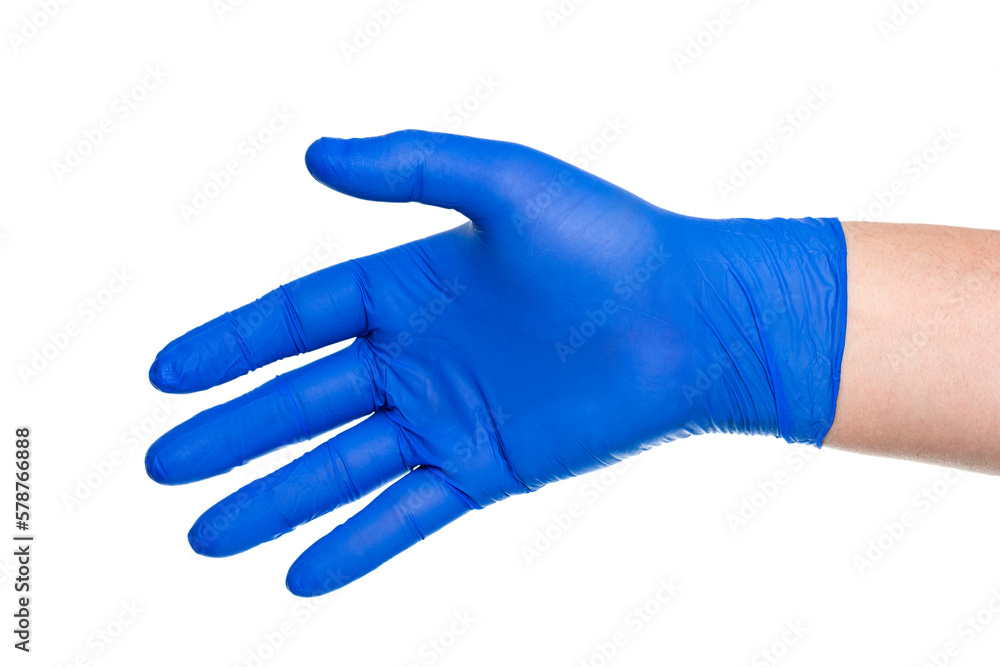 Anonymous person in rubber glove offering handshake