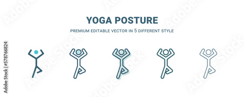 yoga posture icon in 5 different style. Outline, filled, two color, thin yoga posture icon isolated on white background. Editable vector can be used web and mobile