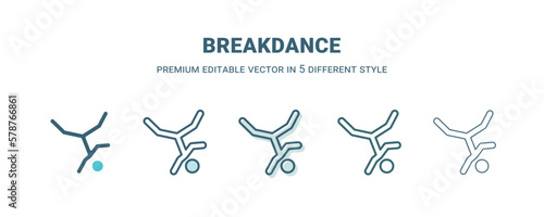 breakdance icon in 5 different style. Outline, filled, two color, thin breakdance icon isolated on white background. Editable vector can be used web and mobile