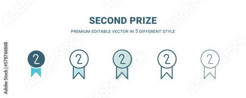second prize icon in 5 different style. Outline, filled, two color, thin second prize icon isolated on white background. Editable vector can be used web and mobile