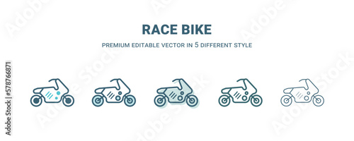 race bike icon in 5 different style. Outline, filled, two color, thin race bike icon isolated on white background. Editable vector can be used web and mobile
