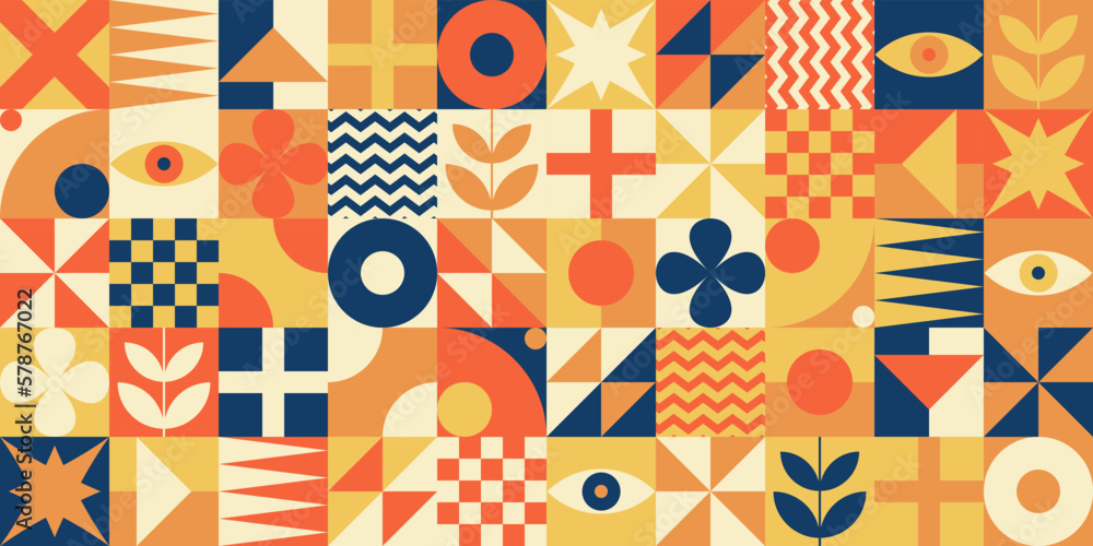 Neo geo bauhaus style abstract seamless pattern background made with simple geometric shapes in vivid colors. 60s, 70s, 80s, 90s, retro, vintage, memphis, contemporary, modern, minimalist, stylish. Neo geo bauhaus style abstract seamless pattern background made with simple geometric shapes in vivid colors. 60s, 70s, 80s, 90s, retro, vintage, memphis, contemporary, modern, minimalist, stylish.