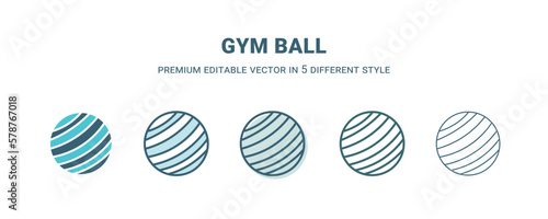 gym ball icon in 5 different style. Outline  filled  two color  thin gym ball icon isolated on white background. Editable vector can be used web and mobile