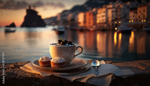 Cup of coffee with dessert on background of picturesque Italian coast. Based on Generative AI