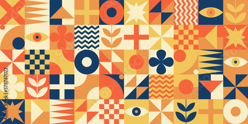 Neo geo bauhaus style abstract seamless pattern background made with simple geometric shapes in vivid colors. 60s, 70s, 80s, 90s, retro, vintage, memphis, contemporary, modern, minimalist, stylish.