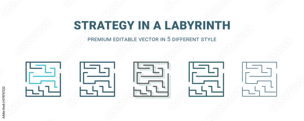 strategy in a labyrinth icon in 5 different style. Outline, filled, two color, thin strategy in a labyrinth icon isolated on white background. Editable vector can be used web and mobile