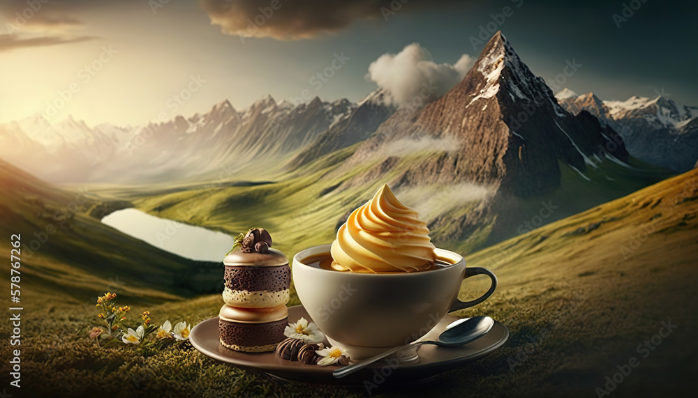 Cup of coffee with dessert on background of picturesque Alpine landscape. Based on Generative AI - obrazy, fototapety, plakaty 