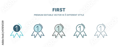 first icon in 5 different style. Outline, filled, two color, thin first icon isolated on white background. Editable vector can be used web and mobile