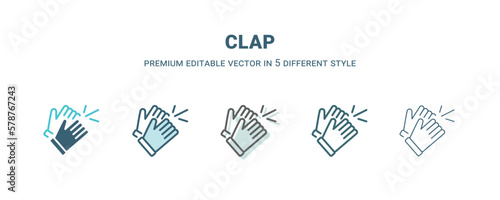 clap icon in 5 different style. Outline, filled, two color, thin clap icon isolated on white background. Editable vector can be used web and mobile