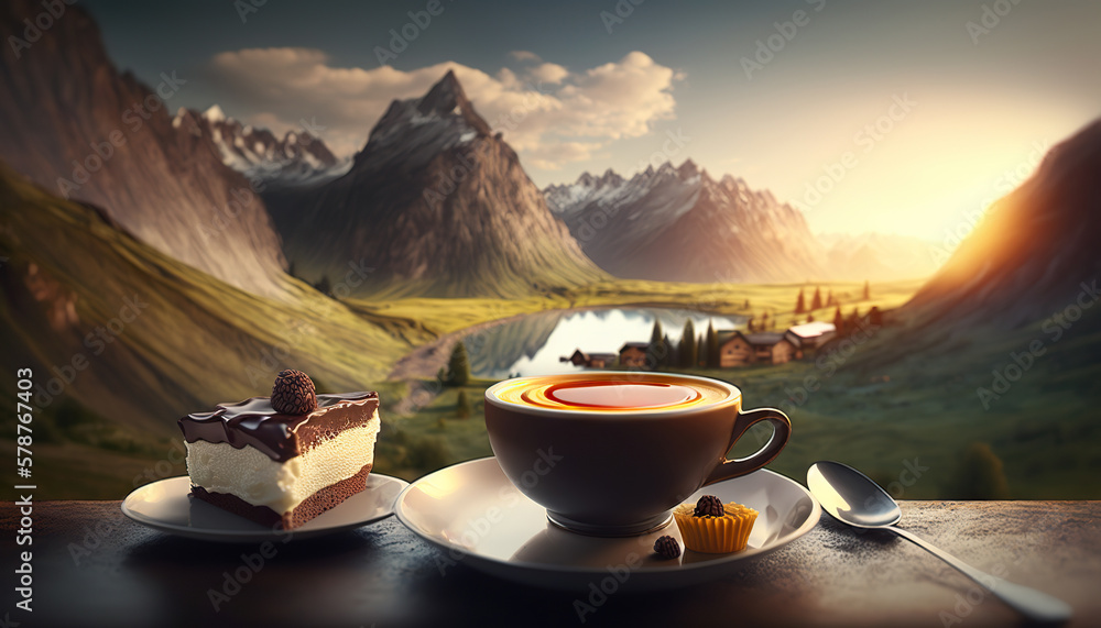 Cup of coffee with dessert on background of picturesque Alpine landscape. Based on Generative AI - obrazy, fototapety, plakaty 