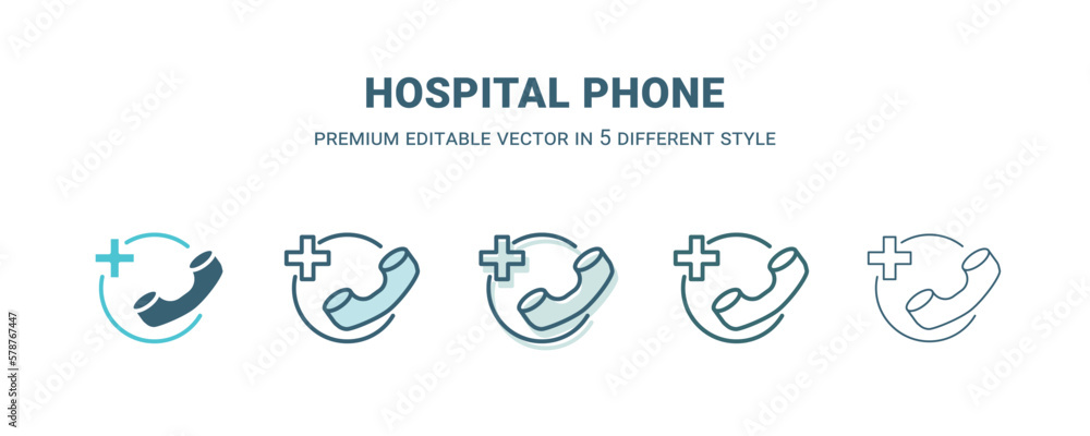 hospital phone icon in 5 different style. Outline, filled, two color, thin hospital phone icon isolated on white background. Editable vector can be used web and mobile