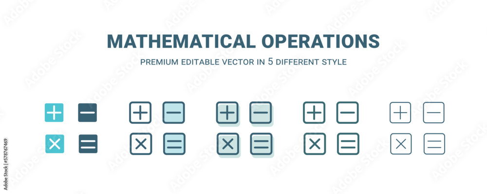 mathematical operations icon in 5 different style. Outline, filled, two color, thin mathematical operations icon isolated on white background. Editable vector can be used web and mobile mathematical operations icon in 5 different style. Outline, filled, two color, thin mathematical operations icon isolated on white background. Editable vector can be used web and mobile