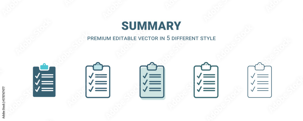 summary icon in 5 different style. Outline, filled, two color, thin summary icon isolated on white background. Editable vector can be used web and mobile summary icon in 5 different style. Outline, filled, two color, thin summary icon isolated on white background. Editable vector can be used web and mobile
