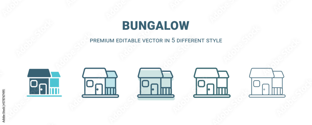 bungalow icon in 5 different style. Outline, filled, two color, thin bungalow icon isolated on white background. Editable vector can be used web and mobile bungalow icon in 5 different style. Outline, filled, two color, thin bungalow icon isolated on white background. Editable vector can be used web and mobile