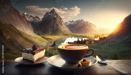 Cup of coffee with dessert on background of picturesque Alpine landscape. Based on Generative AI