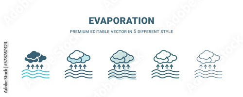 evaporation icon in 5 different style. Outline, filled, two color, thin evaporation icon isolated on white background. Editable vector can be used web and mobile