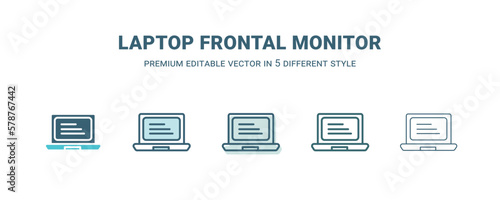 laptop frontal monitor icon in 5 different style. Outline, filled, two color, thin laptop frontal monitor icon isolated on white background. Editable vector can be used web and mobile