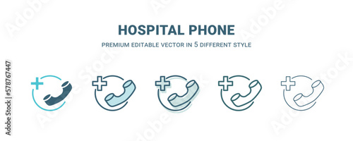hospital phone icon in 5 different style. Outline  filled  two color  thin hospital phone icon isolated on white background. Editable vector can be used web and mobile