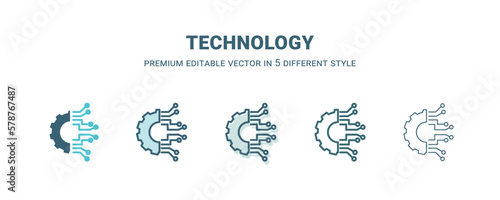 technology icon in 5 different style. Outline, filled, two color, thin technology icon isolated on white background. Editable vector can be used web and mobile