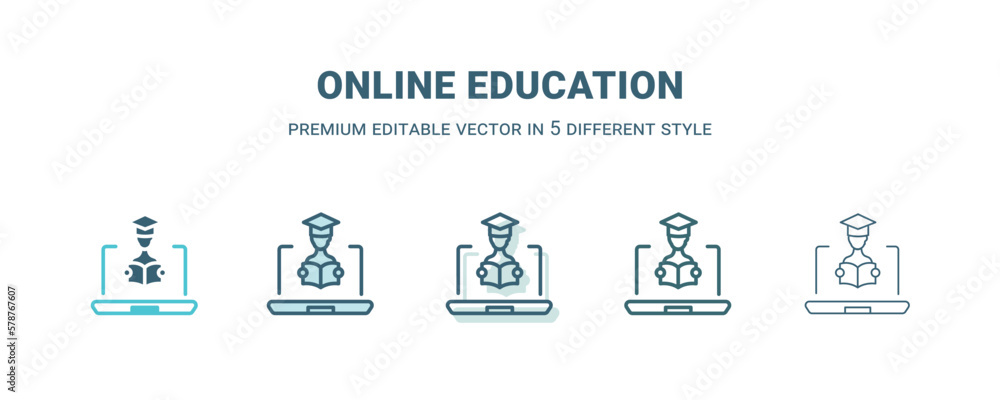 online education icon in 5 different style. Outline, filled, two color, thin online education icon isolated on white background. Editable vector can be used web and mobile online education icon in 5 different style. Outline, filled, two color, thin online education icon isolated on white background. Editable vector can be used web and mobile