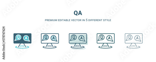 qa icon in 5 different style. Outline, filled, two color, thin qa icon isolated on white background. Editable vector can be used web and mobile