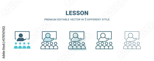 lesson icon in 5 different style. Outline, filled, two color, thin lesson icon isolated on white background. Editable vector can be used web and mobile