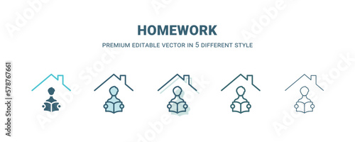 homework icon in 5 different style. Outline, filled, two color, thin homework icon isolated on white background. Editable vector can be used web and mobile