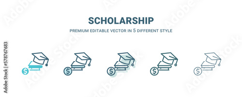 scholarship icon in 5 different style. Outline, filled, two color, thin scholarship icon isolated on white background. Editable vector can be used web and mobile